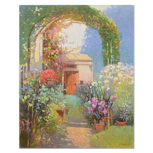 Ming Feng, "Arch in Bloom" Original Oil Painting on Canvas, Hand Signed with Letter of Authenticity.