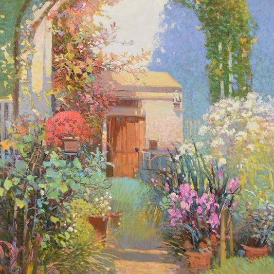 Ming Feng, "Arch in Bloom" Original Oil Painting on Canvas, Hand Signed with Letter of Authenticity.