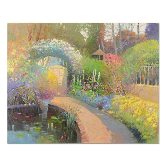 Ming Feng, "Koi Pond Garden" Original Oil Painting on Canvas, Hand Signed with Letter of Authenticity.