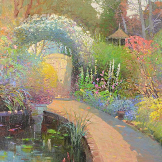 Ming Feng, "Koi Pond Garden" Original Oil Painting on Canvas, Hand Signed with Letter of Authenticity.