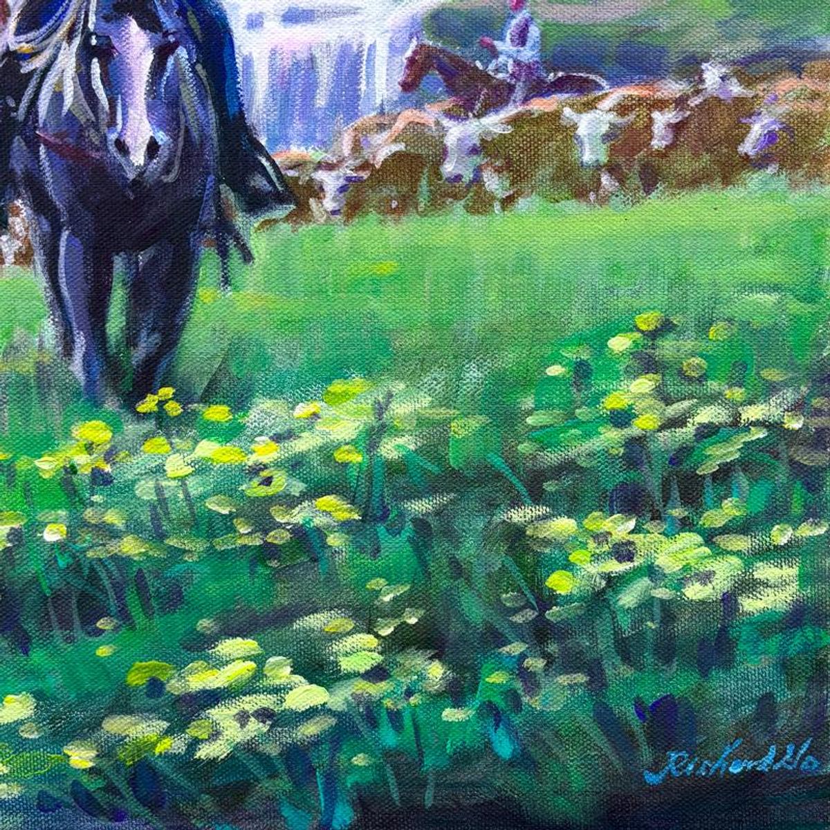 Richard Ho, "Cattle Drive East" Original Acrylic Painting on Canvas, Hand Signed with Letter of Authenticity.