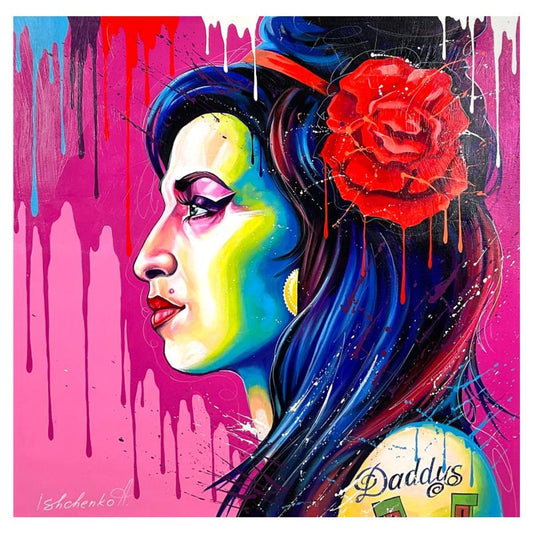 Alexander Ishchenko, "Amy Winehouse" Original Acrylic Painting on Canvas, Hand Signed with Letter Authenticity.