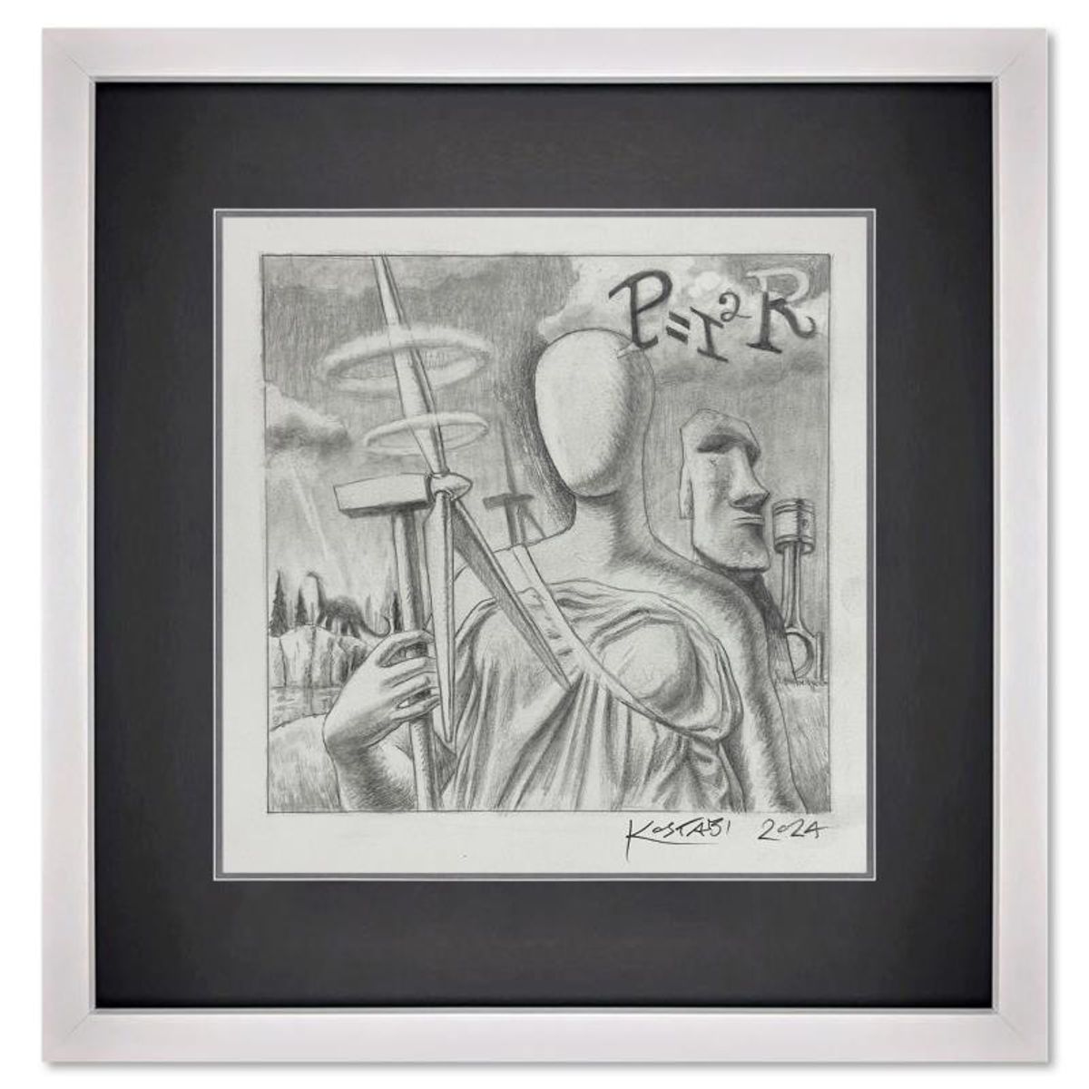 Mark Kostabi, "Energy Continuum" Framed Original Drawing on Paper, Hand Signed with Certificate of Authenticity