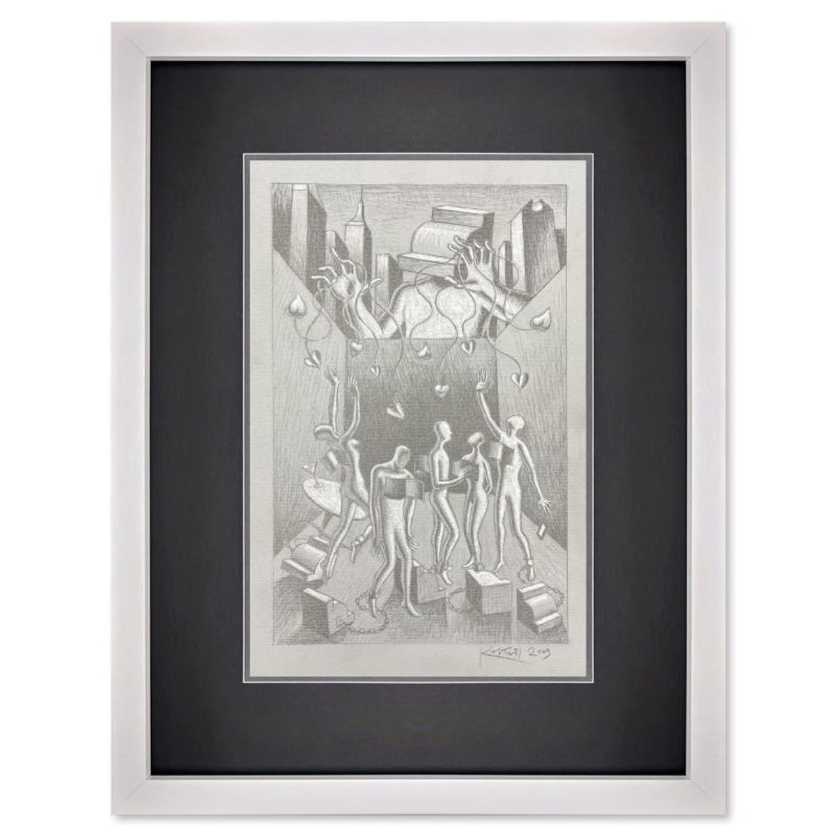 Mark Kostabi, "New York Strings" Framed Original Drawing on Paper, Hand Signed with Certificate of Authenticity.