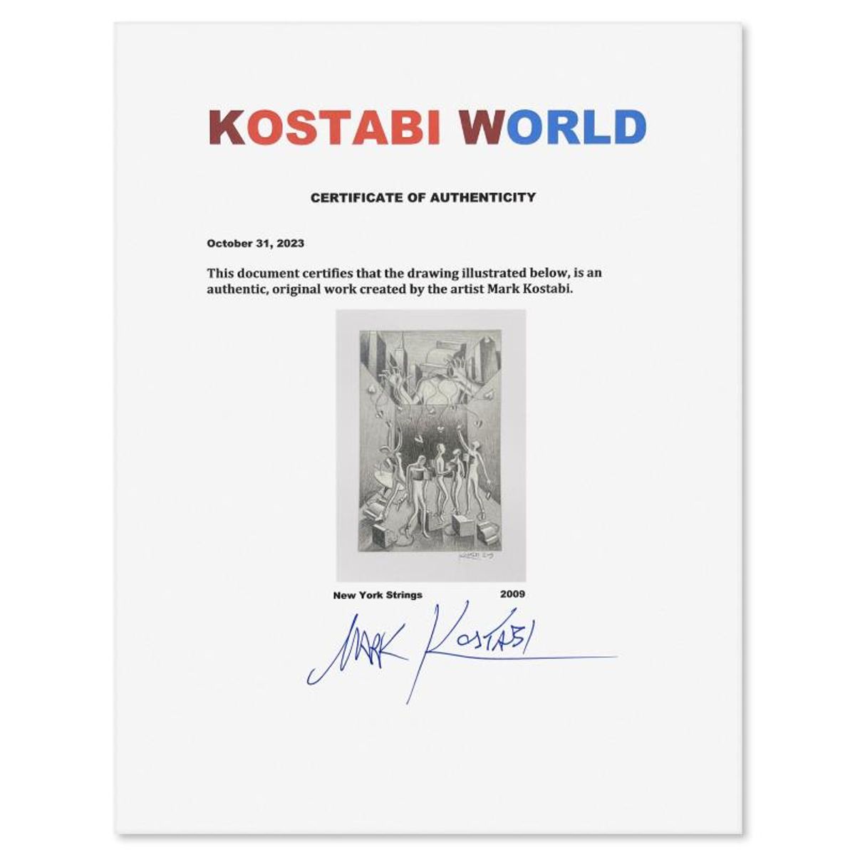 Mark Kostabi, "New York Strings" Framed Original Drawing on Paper, Hand Signed with Certificate of Authenticity.