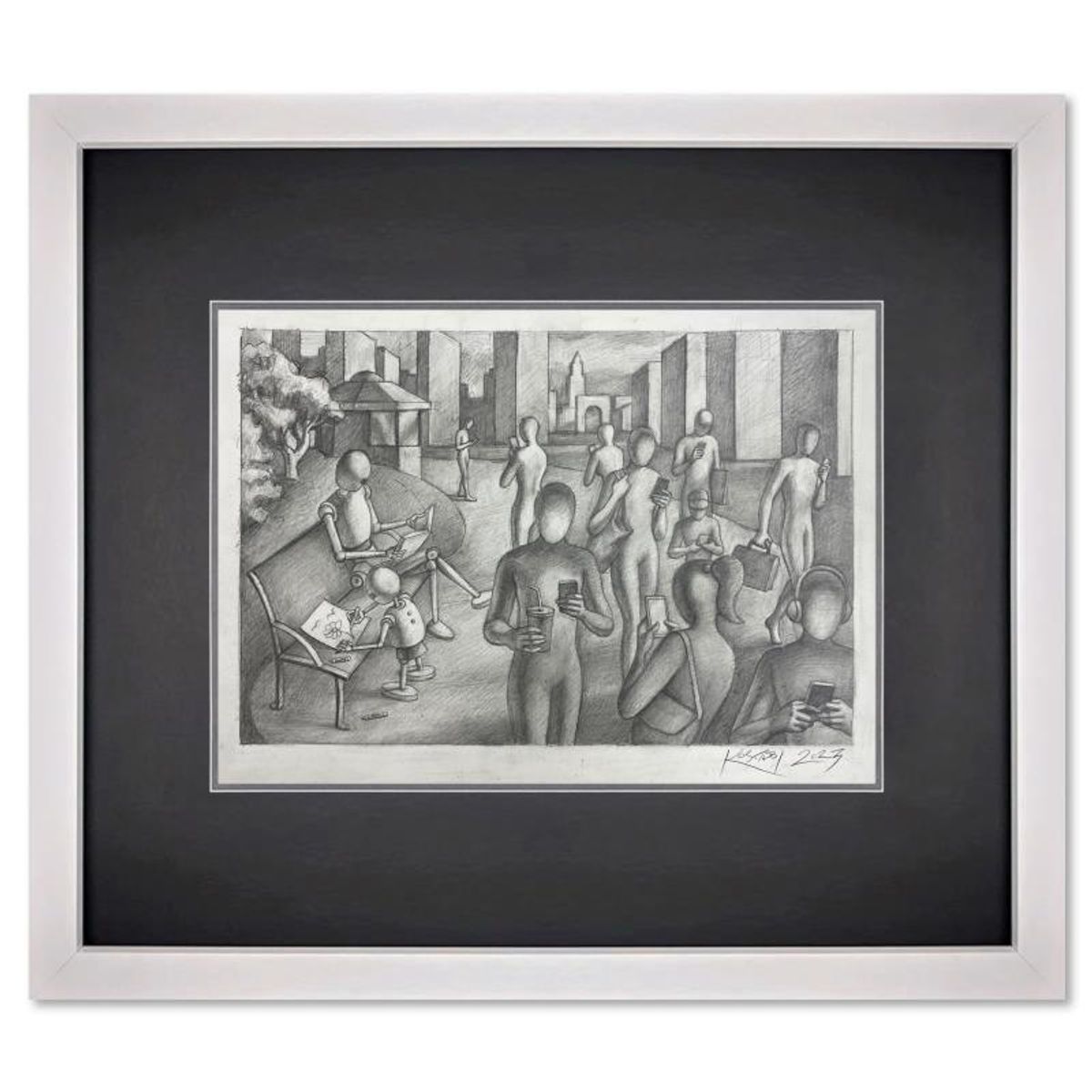 Mark Kostabi, "The Future is Now" Framed Original Drawing on Paper, Hand Signed with Certificate of Authenticity