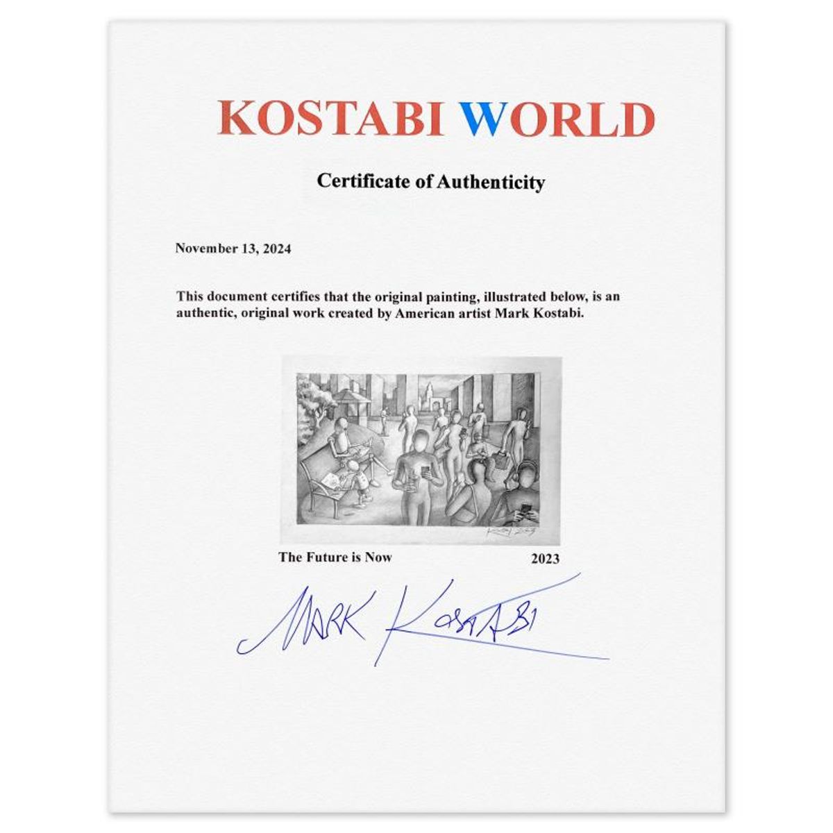 Mark Kostabi, "The Future is Now" Framed Original Drawing on Paper, Hand Signed with Certificate of Authenticity