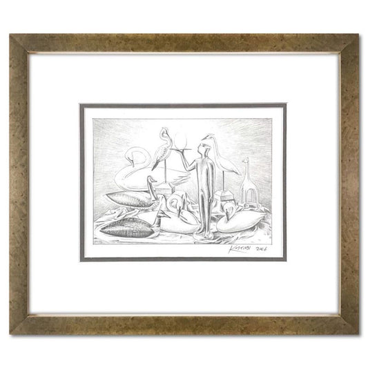 Mark Kostabi, "Birth of Ingenuity" Framed Original Drawing on Paper, Hand Signed with Certificate of Authenticity