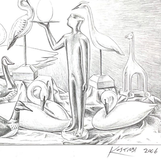 Mark Kostabi, "Birth of Ingenuity" Framed Original Drawing on Paper, Hand Signed with Certificate of Authenticity