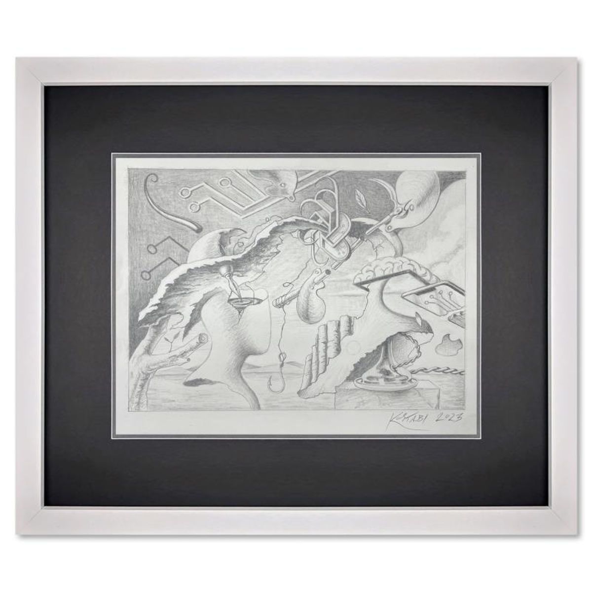 Mark Kostabi, "Cracked Consciousness" Framed Original Drawing on Paper, Hand Signed with Certificate of Authenticity.