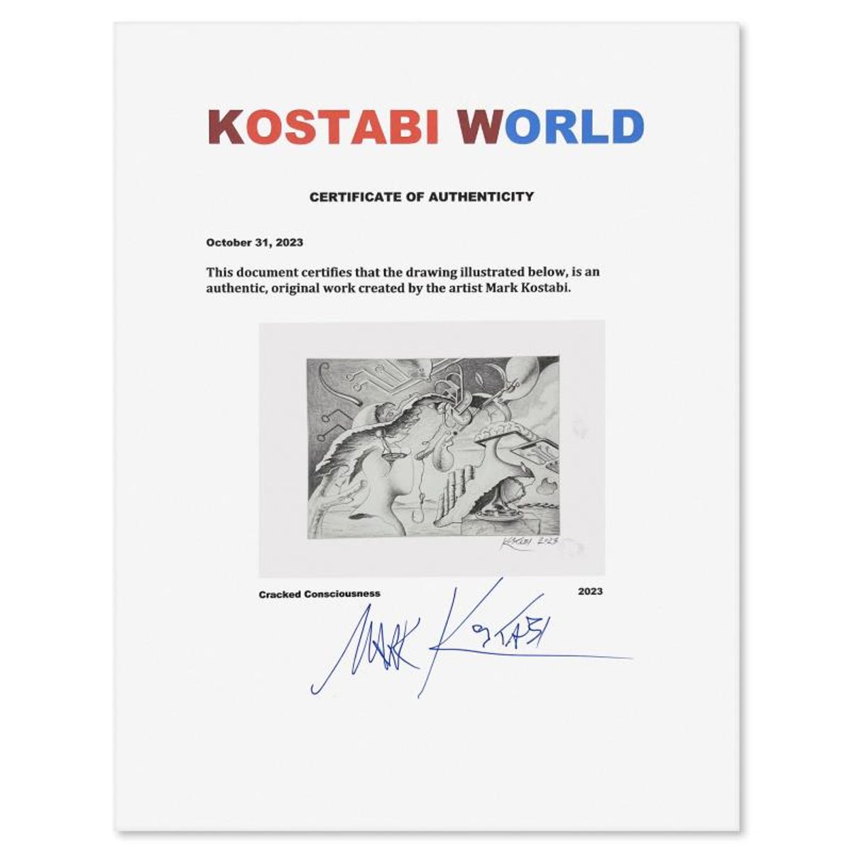 Mark Kostabi, "Cracked Consciousness" Framed Original Drawing on Paper, Hand Signed with Certificate of Authenticity.
