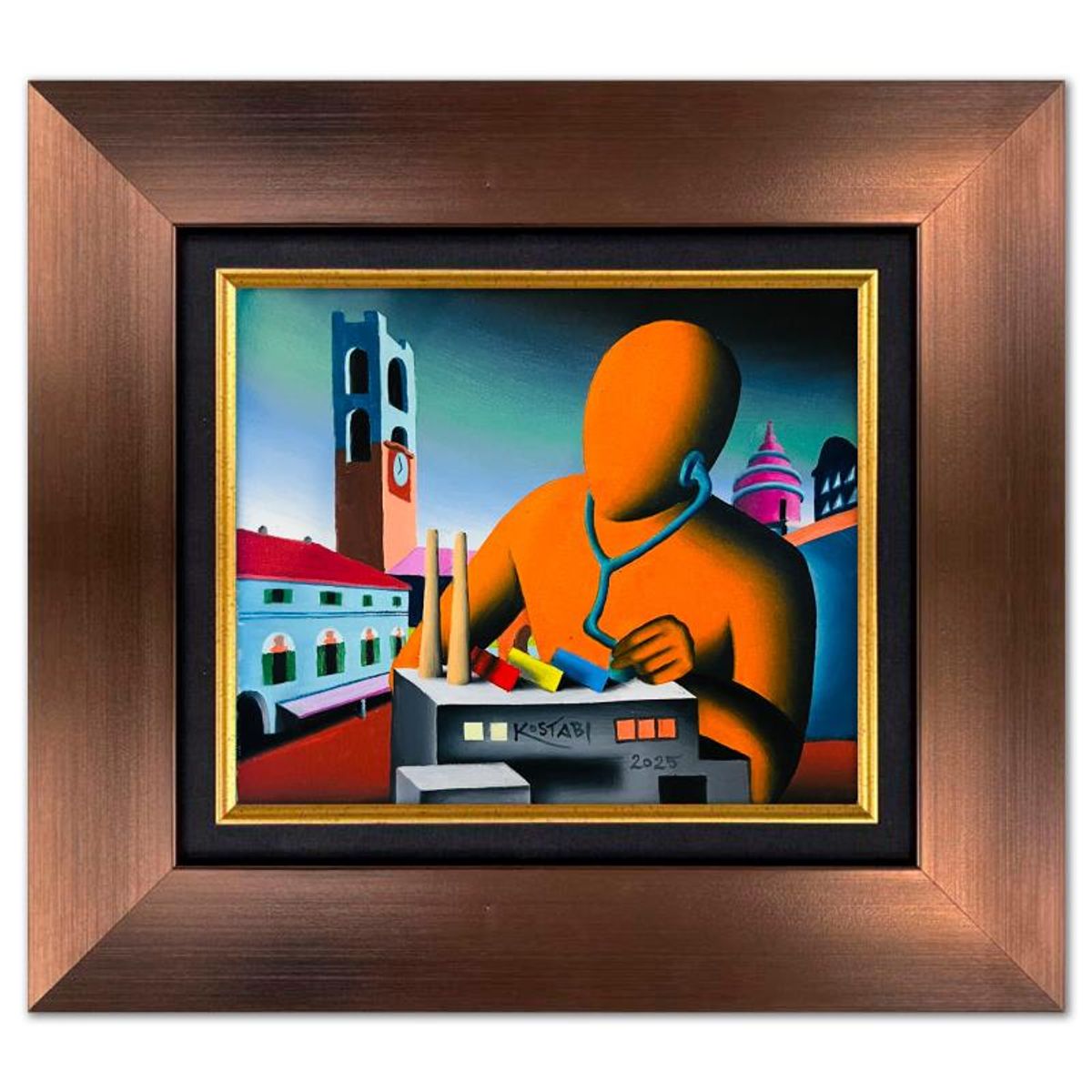 Mark Kostabi, "The Pulse of Progress" Framed Original Oil Painting on Canvas, Hand Signed with a Certificate of Authenticity.