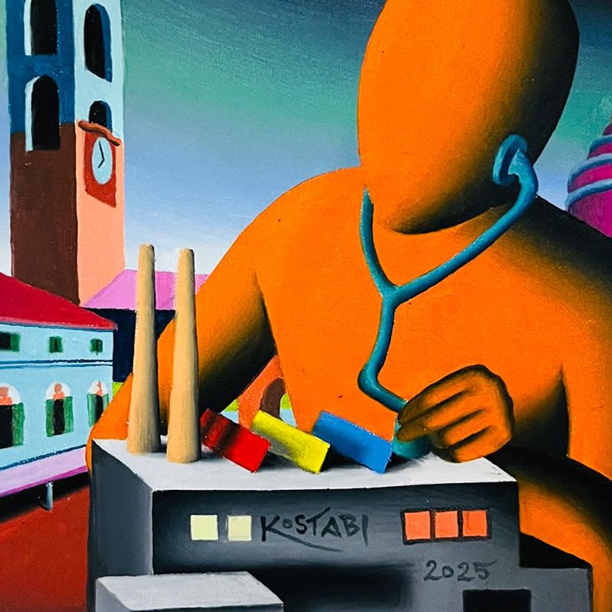 Mark Kostabi, "The Pulse of Progress" Framed Original Oil Painting on Canvas, Hand Signed with a Certificate of Authenticity.