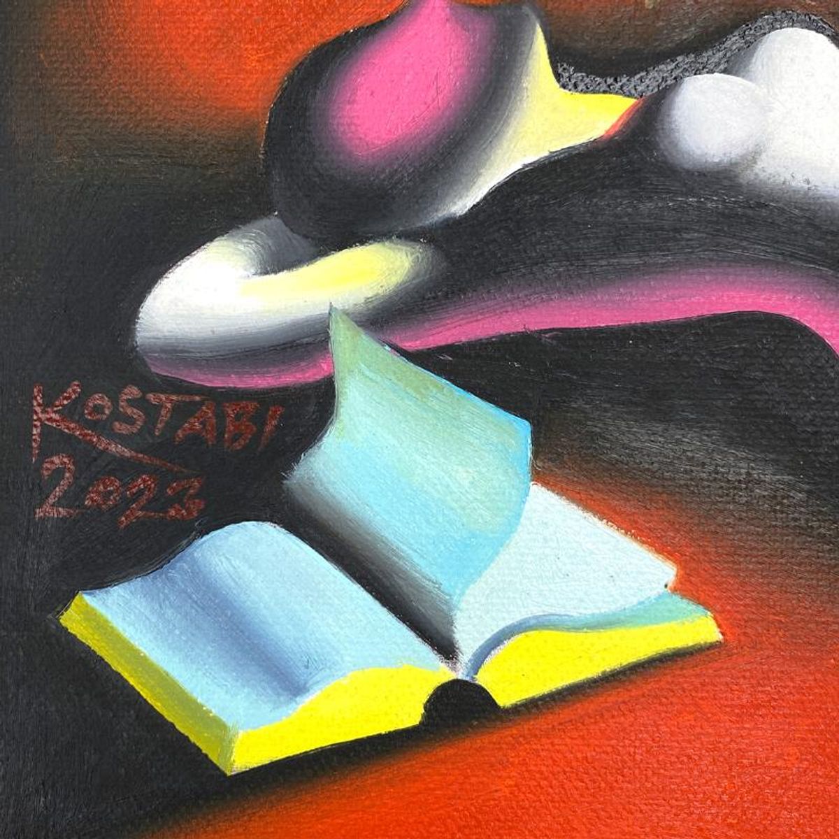 Mark Kostabi, "Unwavering Devotion" Framed Original Oil Painting on Canvas, Hand Signed with a Certificate of Authenticity.