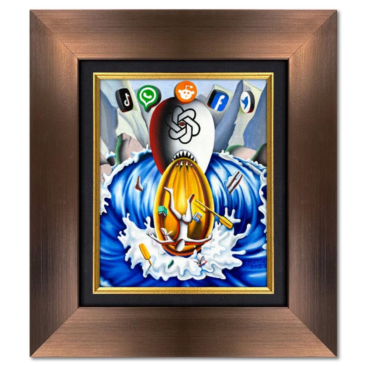 Mark Kostabi, "Media Monsters" Framed Original Oil Painting on Canvas, Hand Signed with Letter of Authenticity.