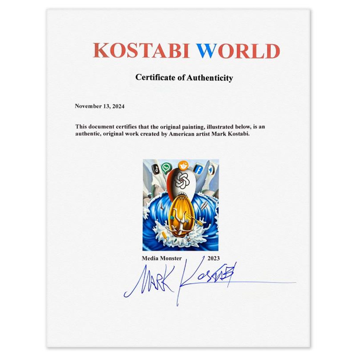 Mark Kostabi, "Media Monsters" Framed Original Oil Painting on Canvas, Hand Signed with Letter of Authenticity.