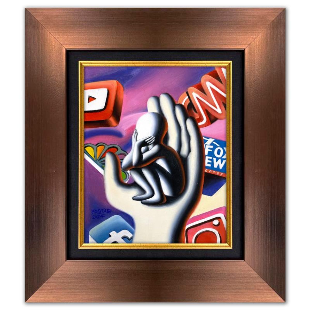 Mark Kostabi, "Sheiled Innocence" Framed Original Oil Painting on Canvas, Hand Signed with a Certificate of Authenticity.