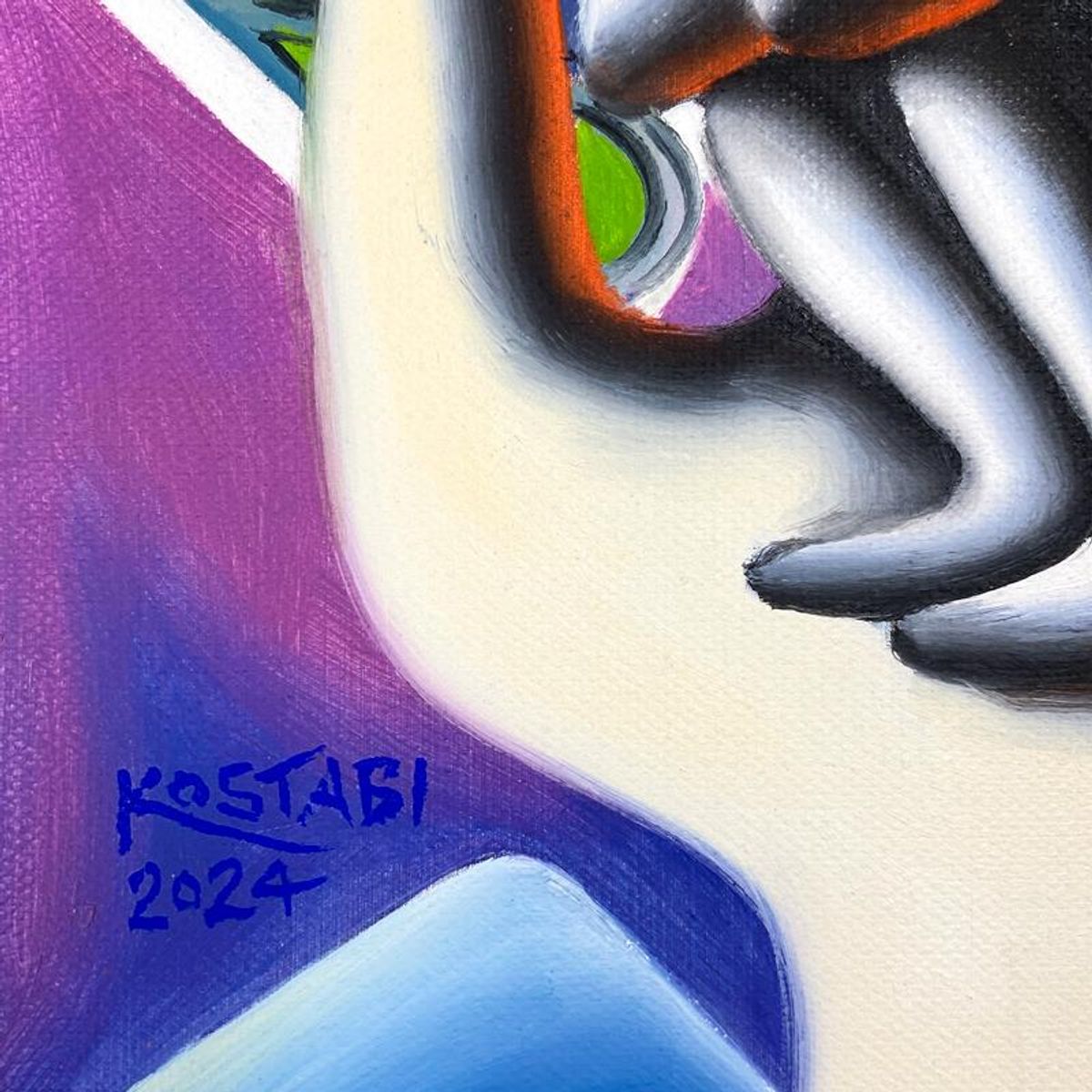 Mark Kostabi, "Sheiled Innocence" Framed Original Oil Painting on Canvas, Hand Signed with a Certificate of Authenticity.
