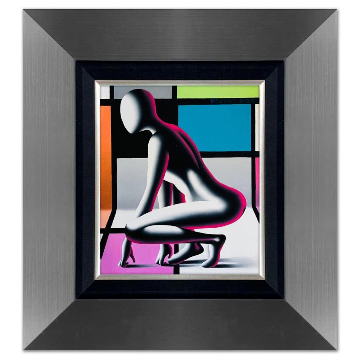 Mark Kostabi, "Grace Within the Grid" Framed Original Oil Painting on Canvas, Hand Signed with a Certificate of Authenticity.