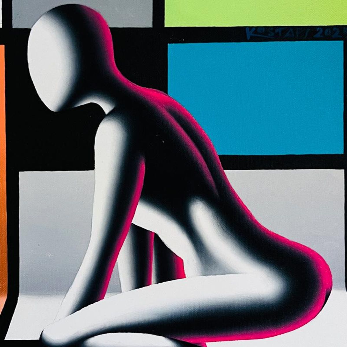 Mark Kostabi, "Grace Within the Grid" Framed Original Oil Painting on Canvas, Hand Signed with a Certificate of Authenticity.