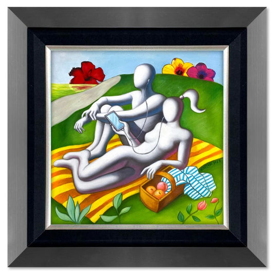 Mark Kostabi, "Blossoming Connection" Framed Original Oil Painting on Canvas, Hand Signed with COA