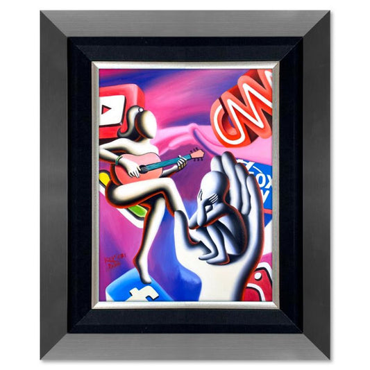 Mark Kostabi, "Surrendering Serenity in a Digital Storm" Framed Original Oil Painting on Canvas, Hand Signed with COA