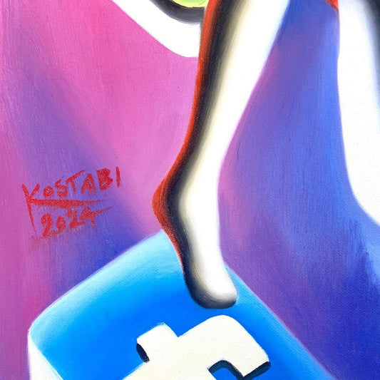 Mark Kostabi, "Surrendering Serenity in a Digital Storm" Framed Original Oil Painting on Canvas, Hand Signed with COA