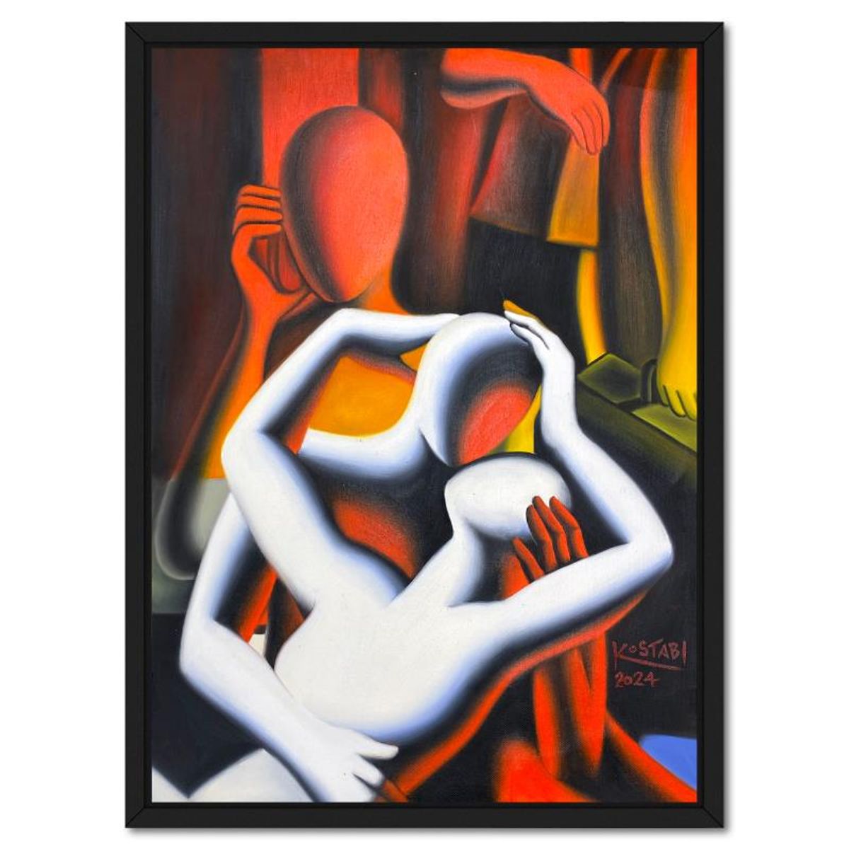 Mark Kostabi, "Unveiled Affection" Framed Original Oil Painting on Canvas, Hand Signed with a Certificate of Authenticity.