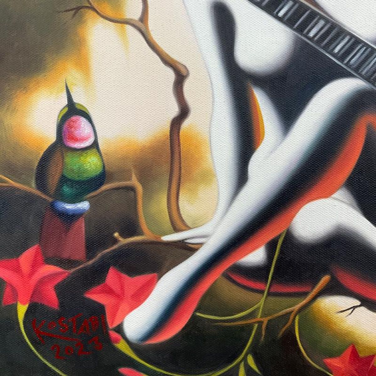 Mark Kostabi, "Distant Memory" Framed Original Oil Painting on Canvas, Hand Signed with Letter of Authenticity