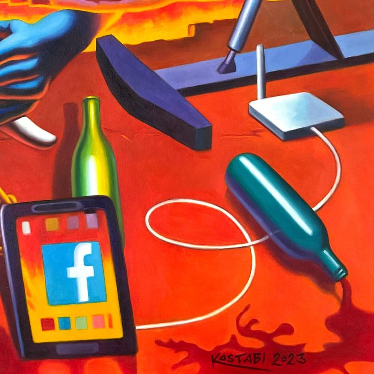 Mark Kostabi, "Faster Pieces are Masterpieces" Framed Original Painting on Canvas (42" x 54"), Hand Signed with Certificate of Authenticity.