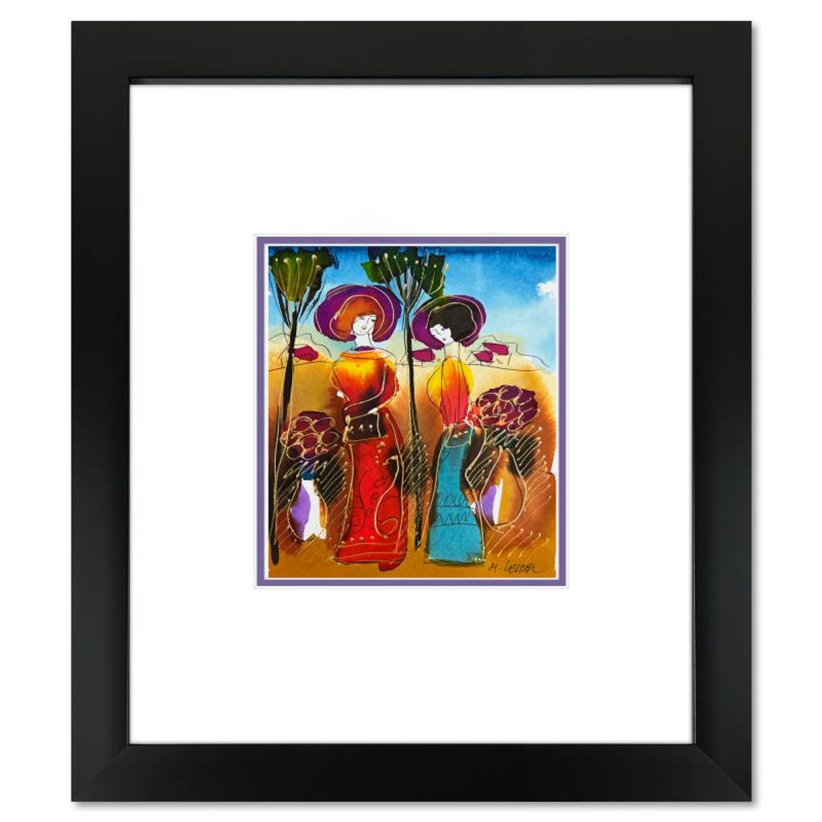 Moshe Leider, Framed Original Mixed Media Watercolor Painting, Hand Signed with Letter of Authenticity.