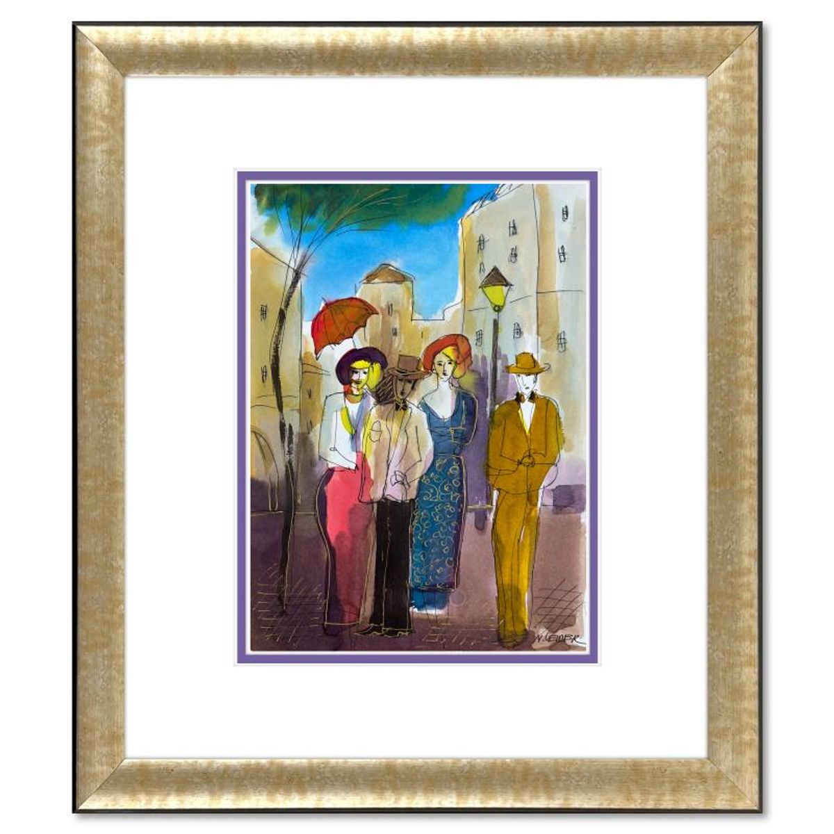 Moshe Leider, Framed Original Mixed Media Watercolor Painting, Hand Signed with Letter of Authenticity.