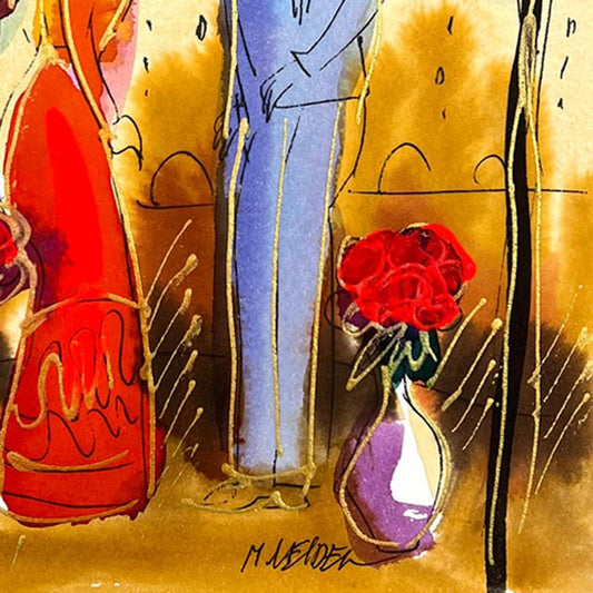 Moshe Leider, Framed Original Mixed Media Watercolor Painting, Hand Signed with Letter of Authenticity.