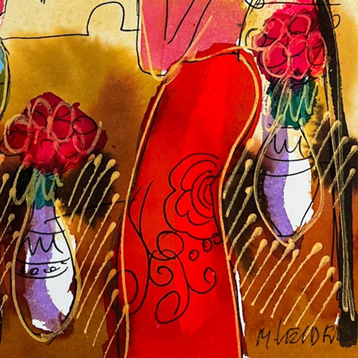 Moshe Leider, Framed Original Mixed Media Watercolor Painting, Hand Signed with Letter of Authenticity.