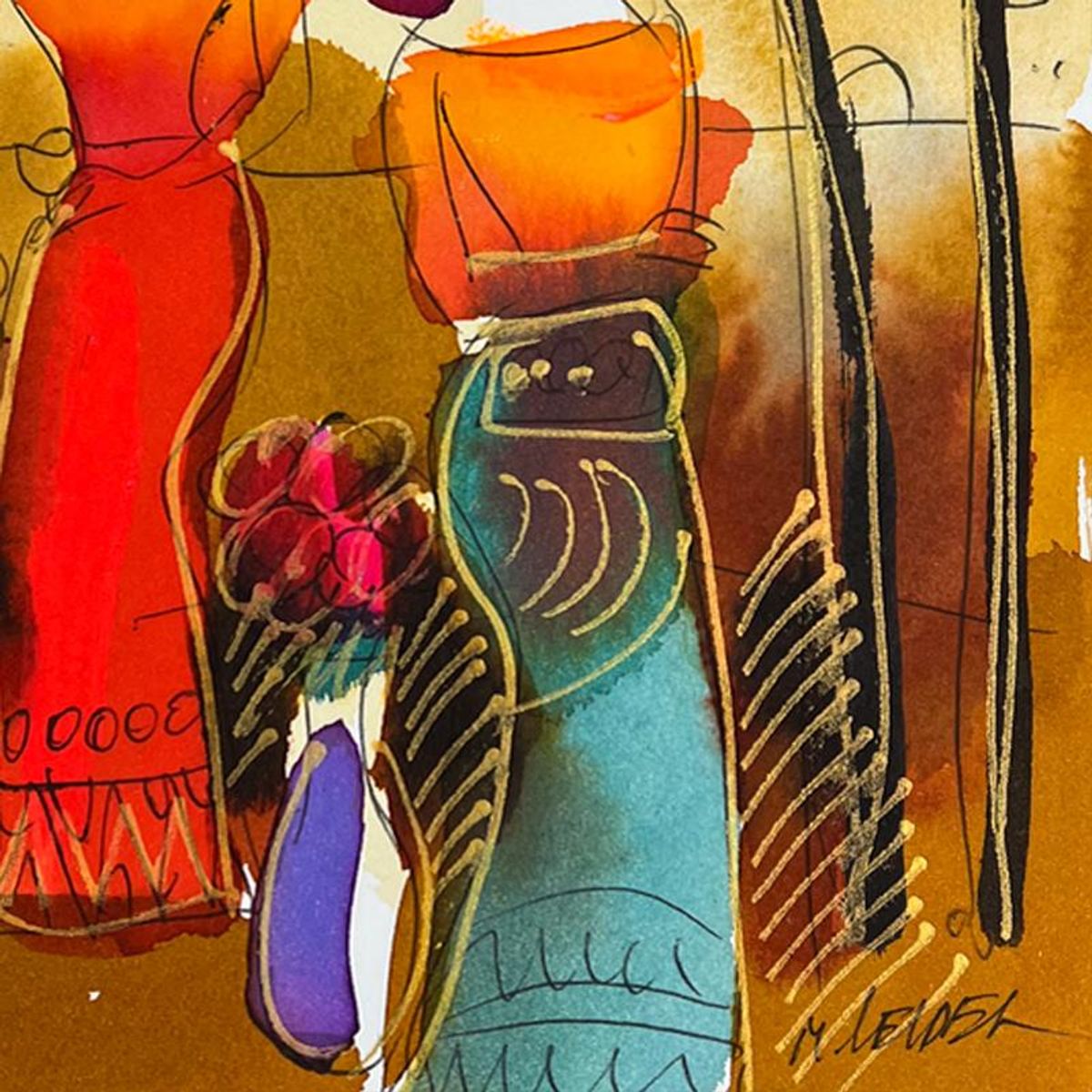 Moshe Leider, Framed Original Mixed Media Watercolor Painting, Hand Signed with Letter of Authenticity.