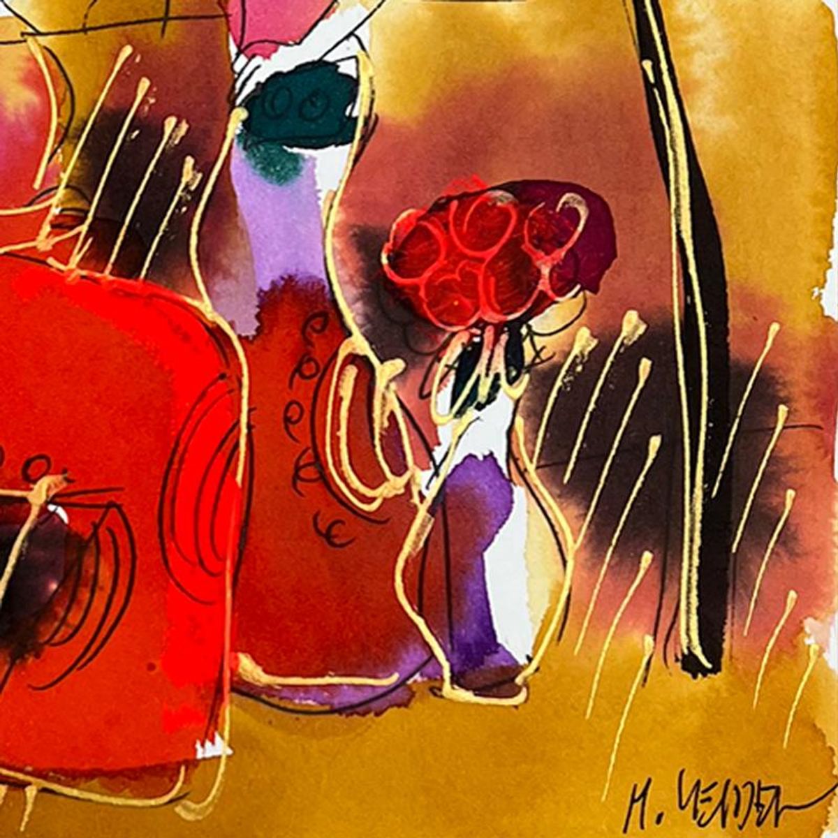 Moshe Leider, Framed Original Mixed Media Watercolor Painting, Hand Signed with Letter of Authenticity.