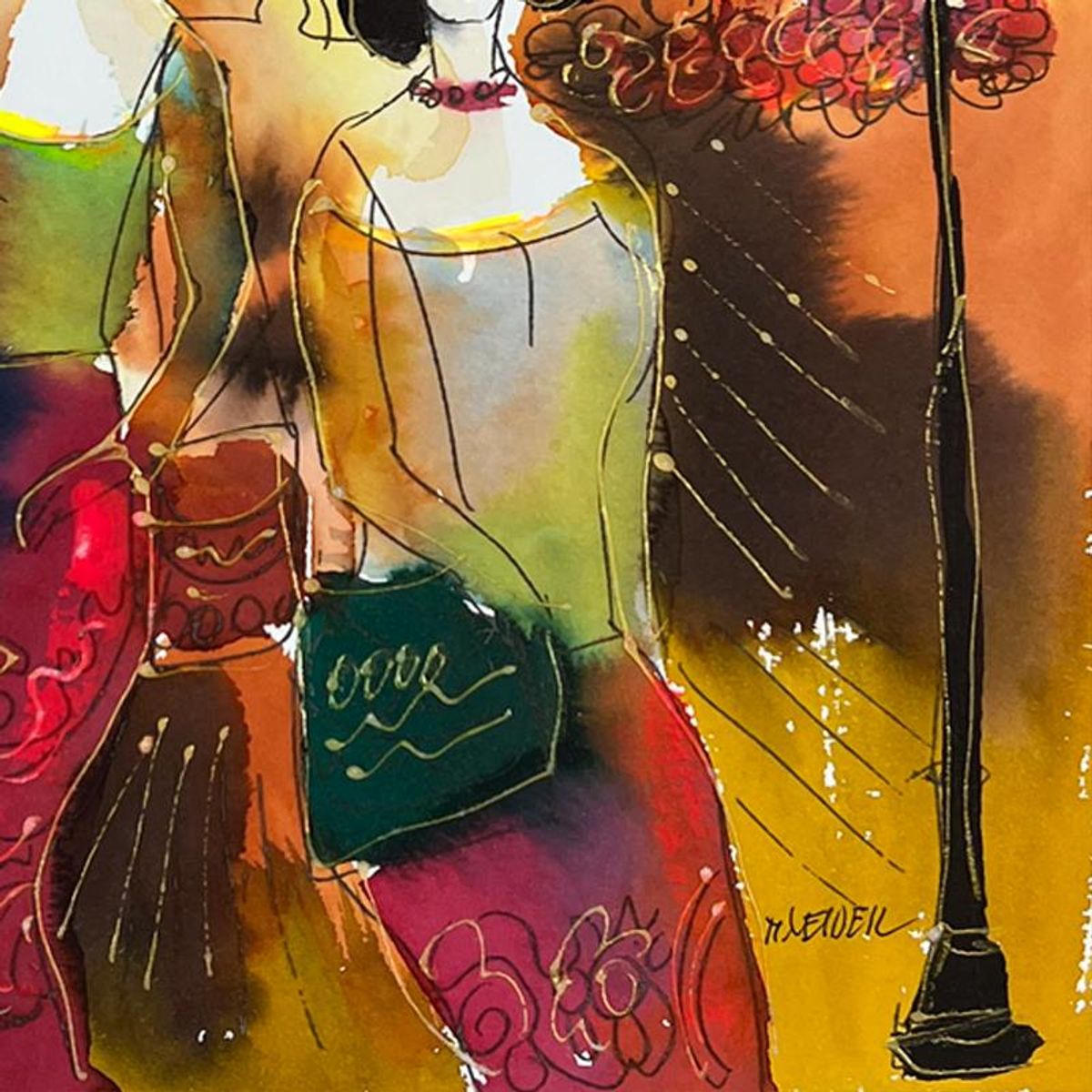 Moshe Leider, Framed Original Mixed Media Watercolor Painting, Hand Signed with Letter of Authenticity.