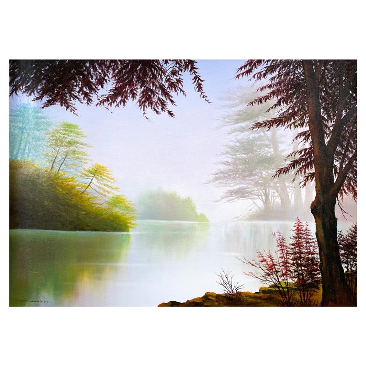 Richard Leung, "Misty Lake" Original Oil Painting on Canvas, Hand Signed with a Letter of Authenticity.