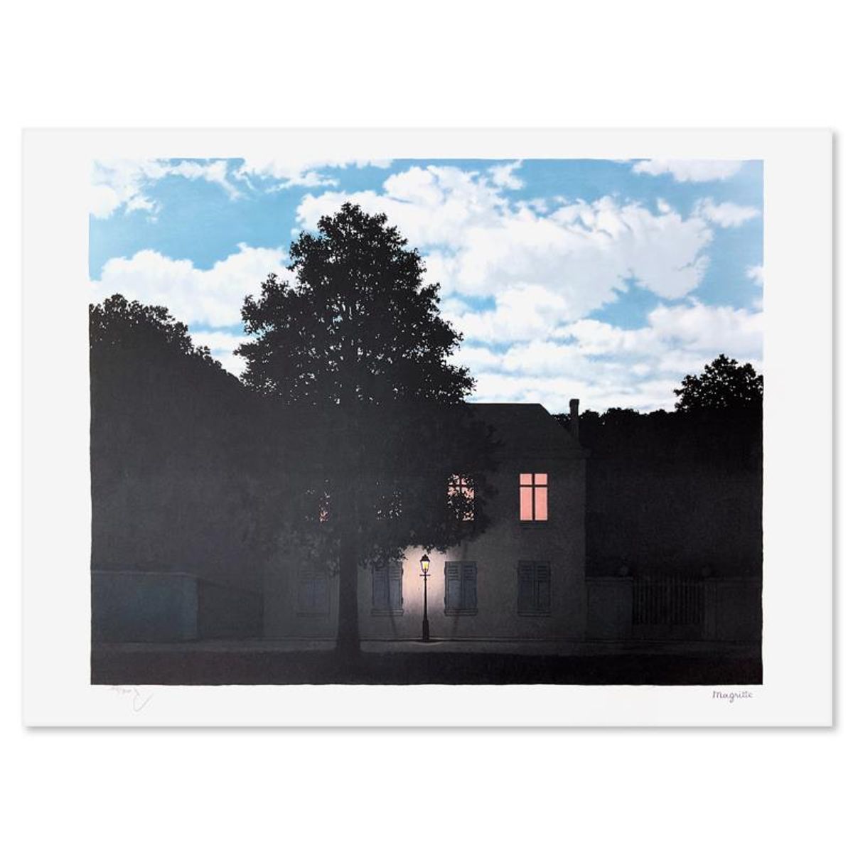 Rene Magritte 1898-1967 (After), "L'Empire des Lumieres" Framed Limited Edition Lithograph, Estate Signed and Numbered 109/300 with Certificate of Authenticity.