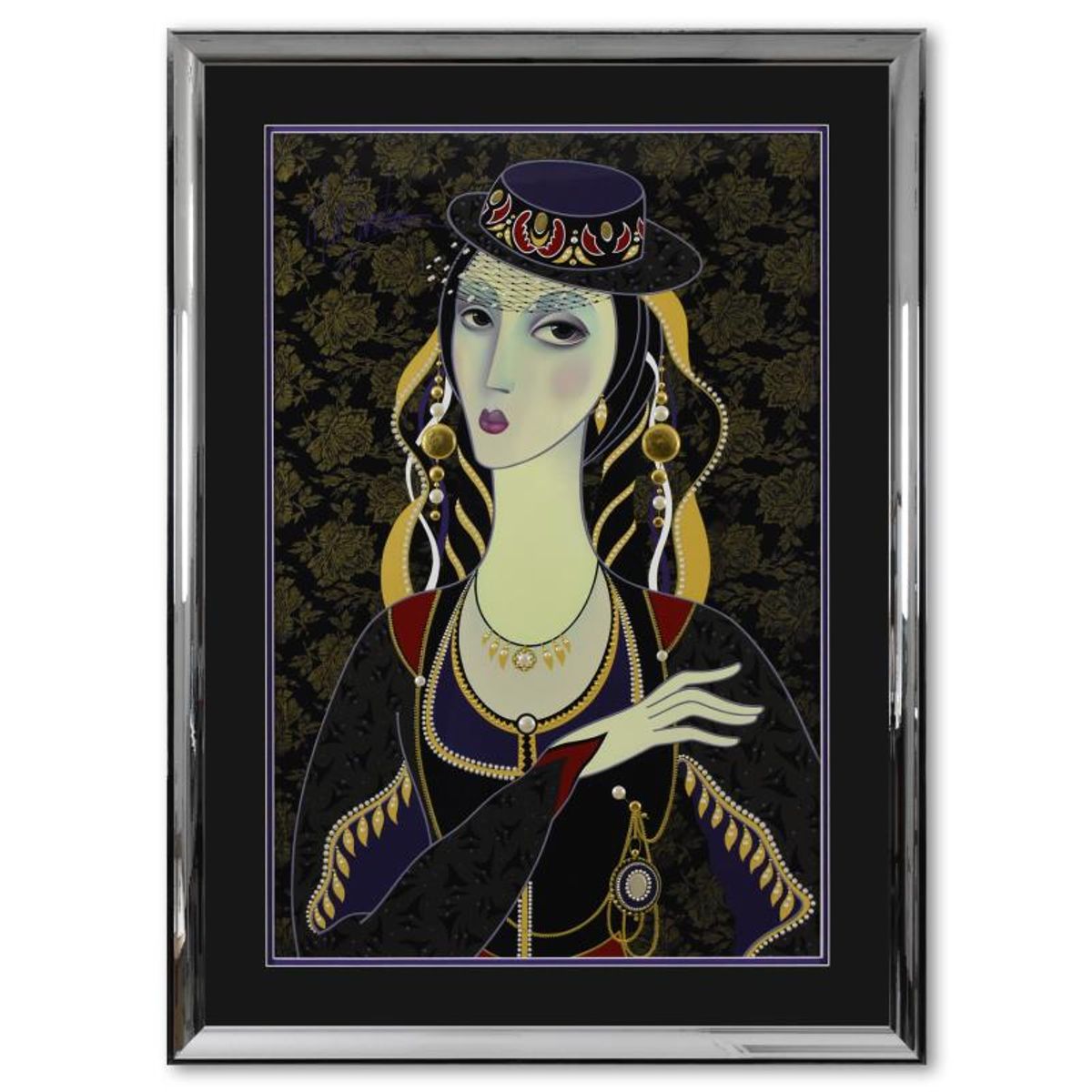 Martiros Manoukian, "Royal Pose (Purple)" Framed Limited Edition Mixed Media Silkscreen, PP Numbered 2/3 and Hand Signed with Letter of Authenticity.