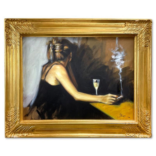 Fabian Perez, "In the Bar" Framed Original Oil Painting on Canvas, Hand Signed with Letter of Authenticity.