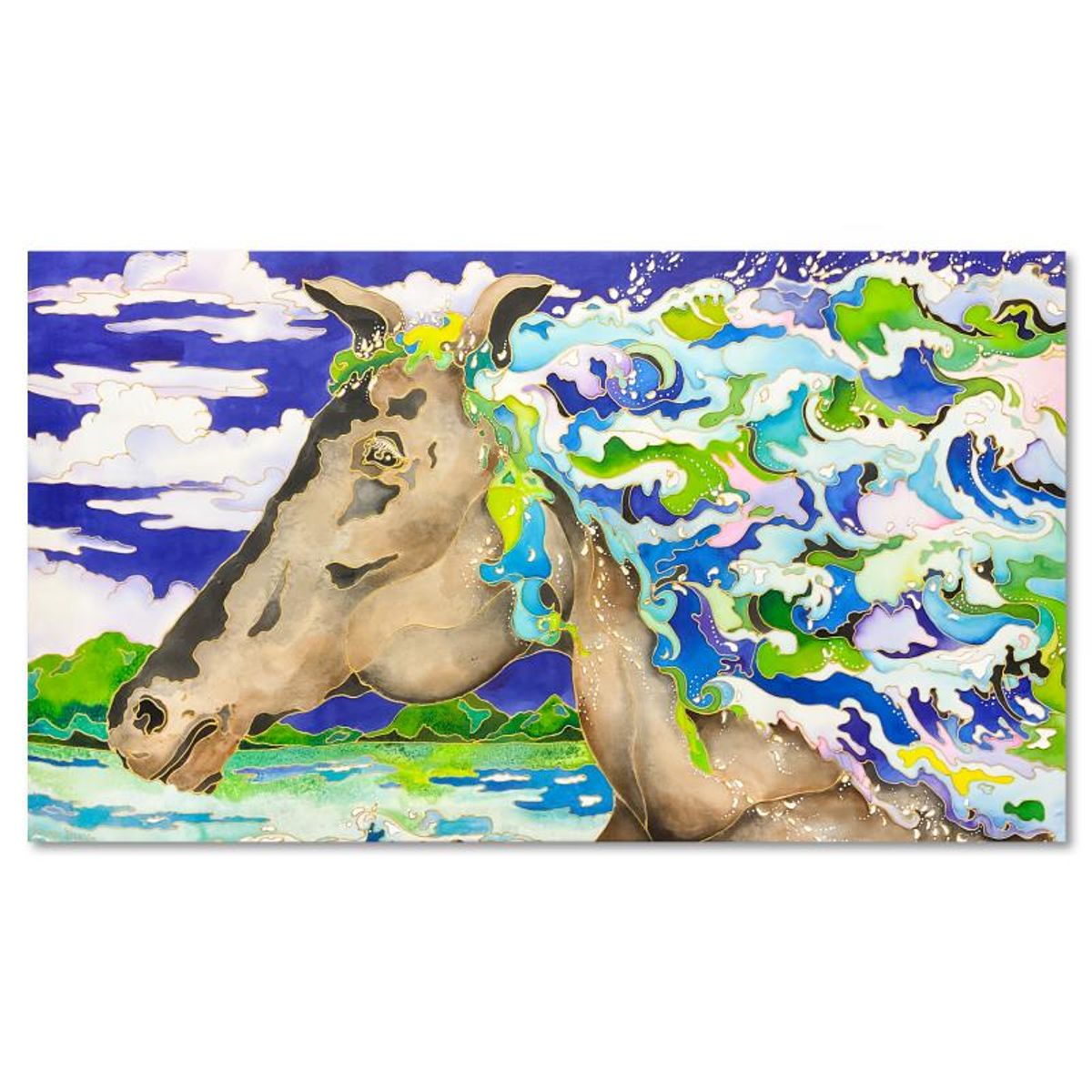 Linnea Pergola, "Wavy Mane II" Original Painting on Silk, Hand Signed with Letter of Authenticity.