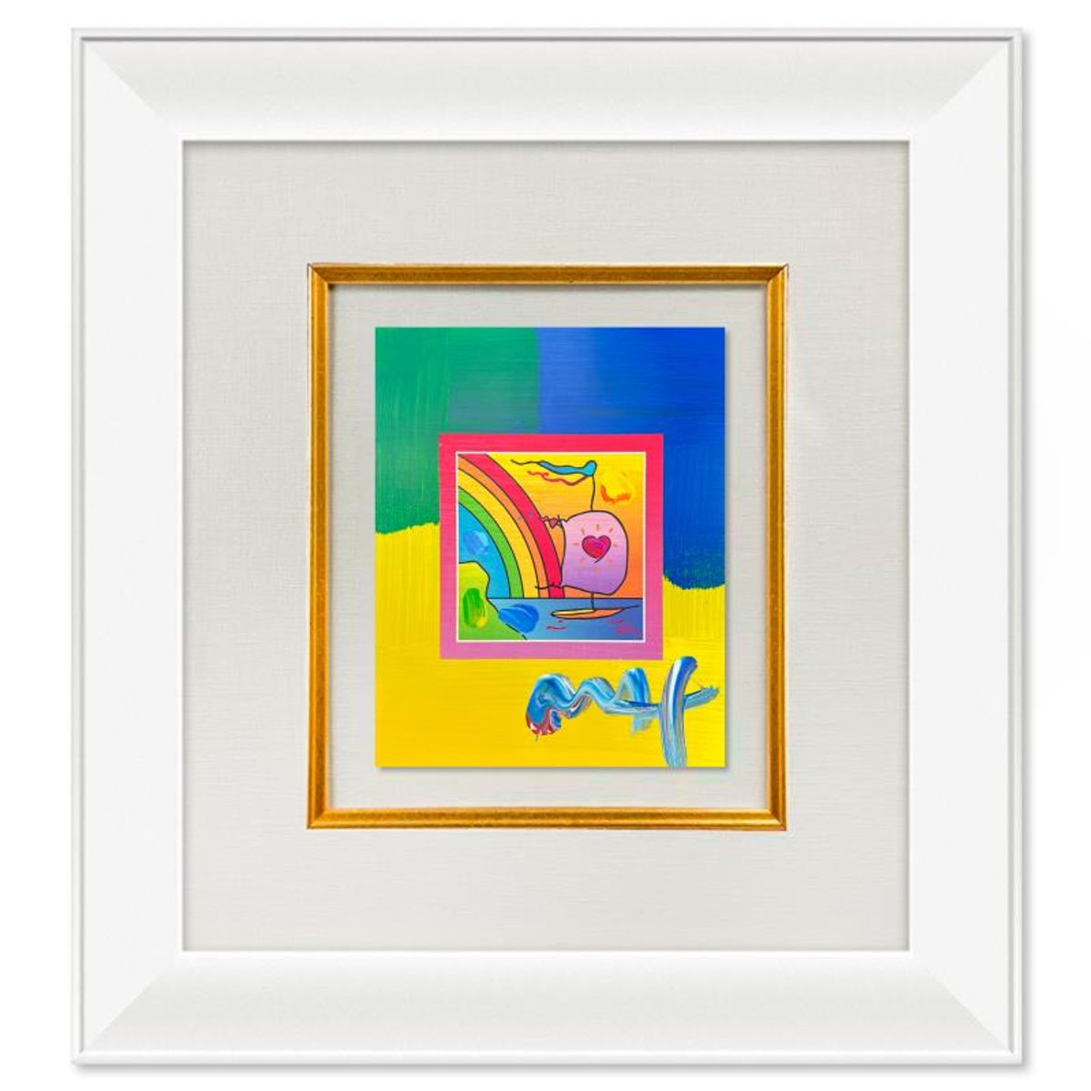 Peter Max, "Sailboat with Heart" Framed One-of-a-Kind Acrylic Mixed Media, Hand Signed with Registration Number Certifying Authenticity.