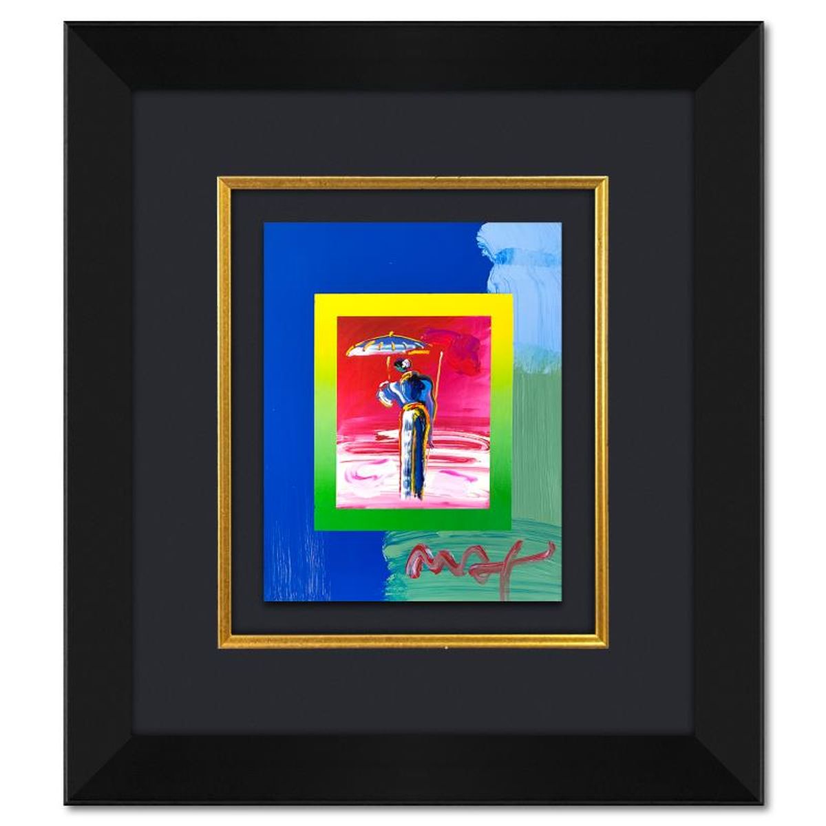Peter Max, "Umbrella Man with Cane" Framed One-of-a-Kind Acrylic Mixed Media, Hand Signed with Registration Number Certifying Authenticity