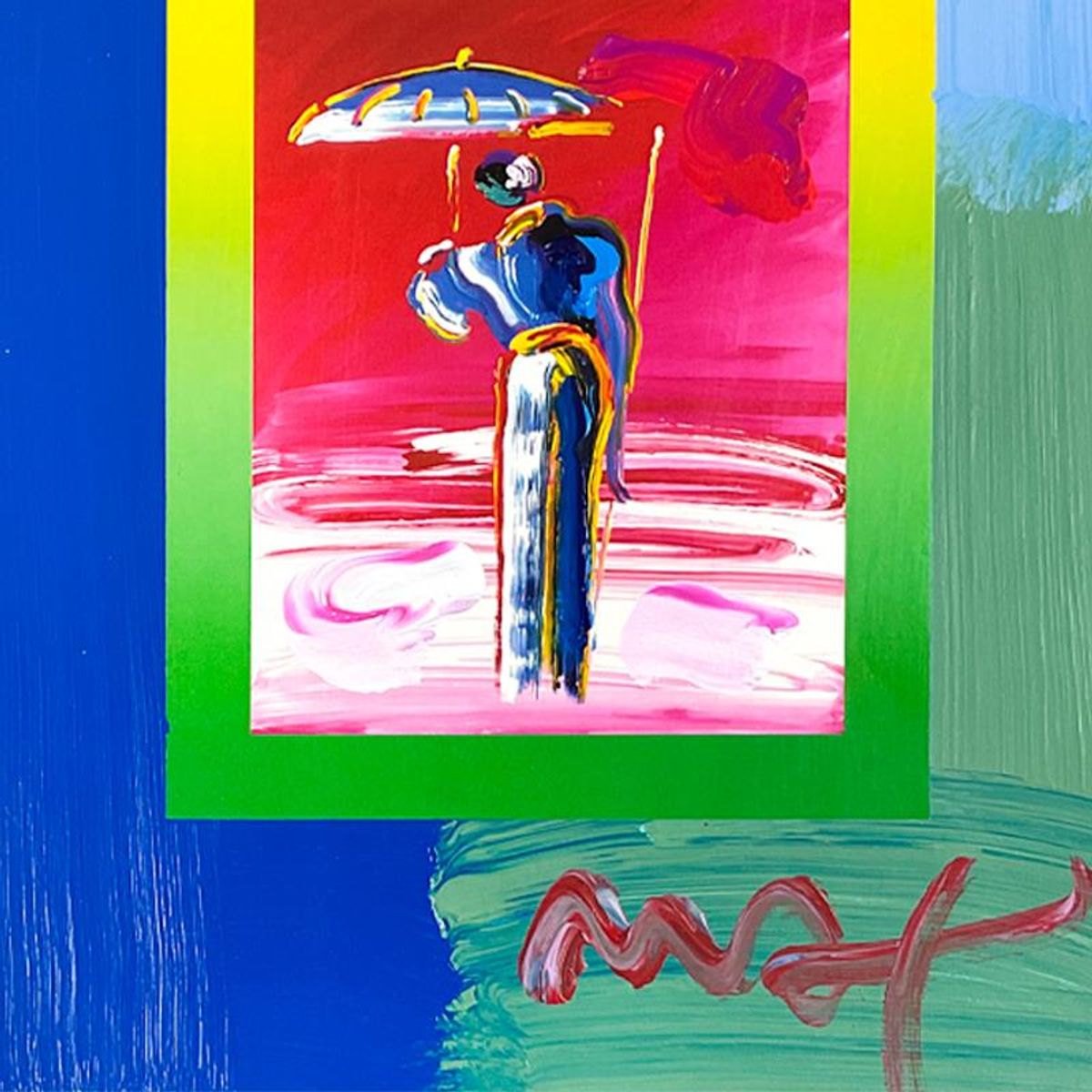 Peter Max, "Umbrella Man with Cane" Framed One-of-a-Kind Acrylic Mixed Media, Hand Signed with Registration Number Certifying Authenticity