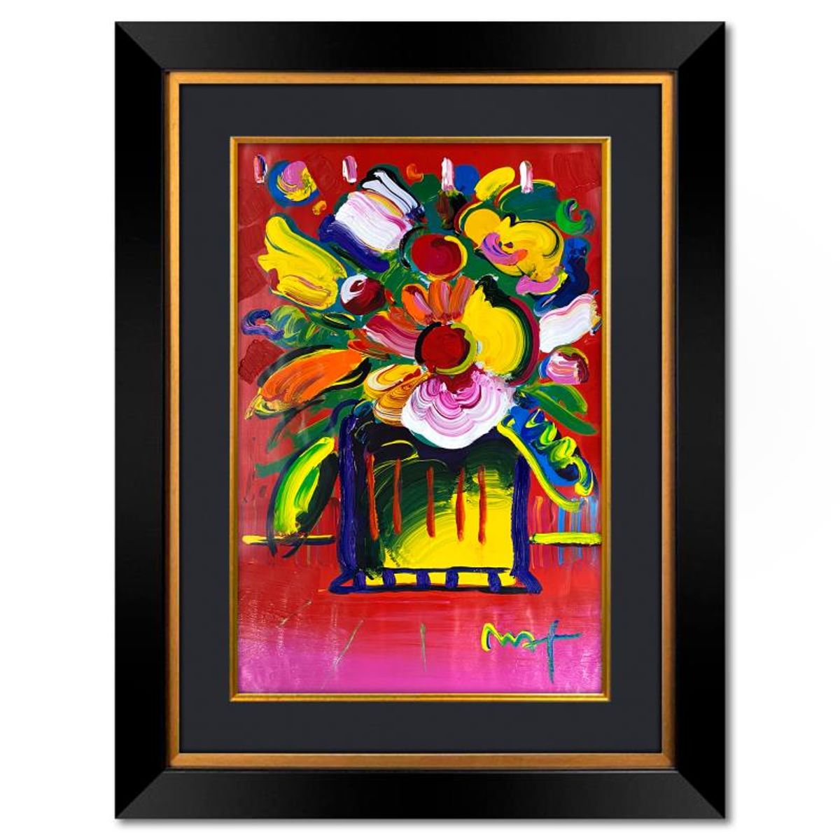 Peter Max, "Abstract Flower" Framed One-of-a-Kind Mixed Media, Hand Signed with Registration Number Certifying Authenticity.