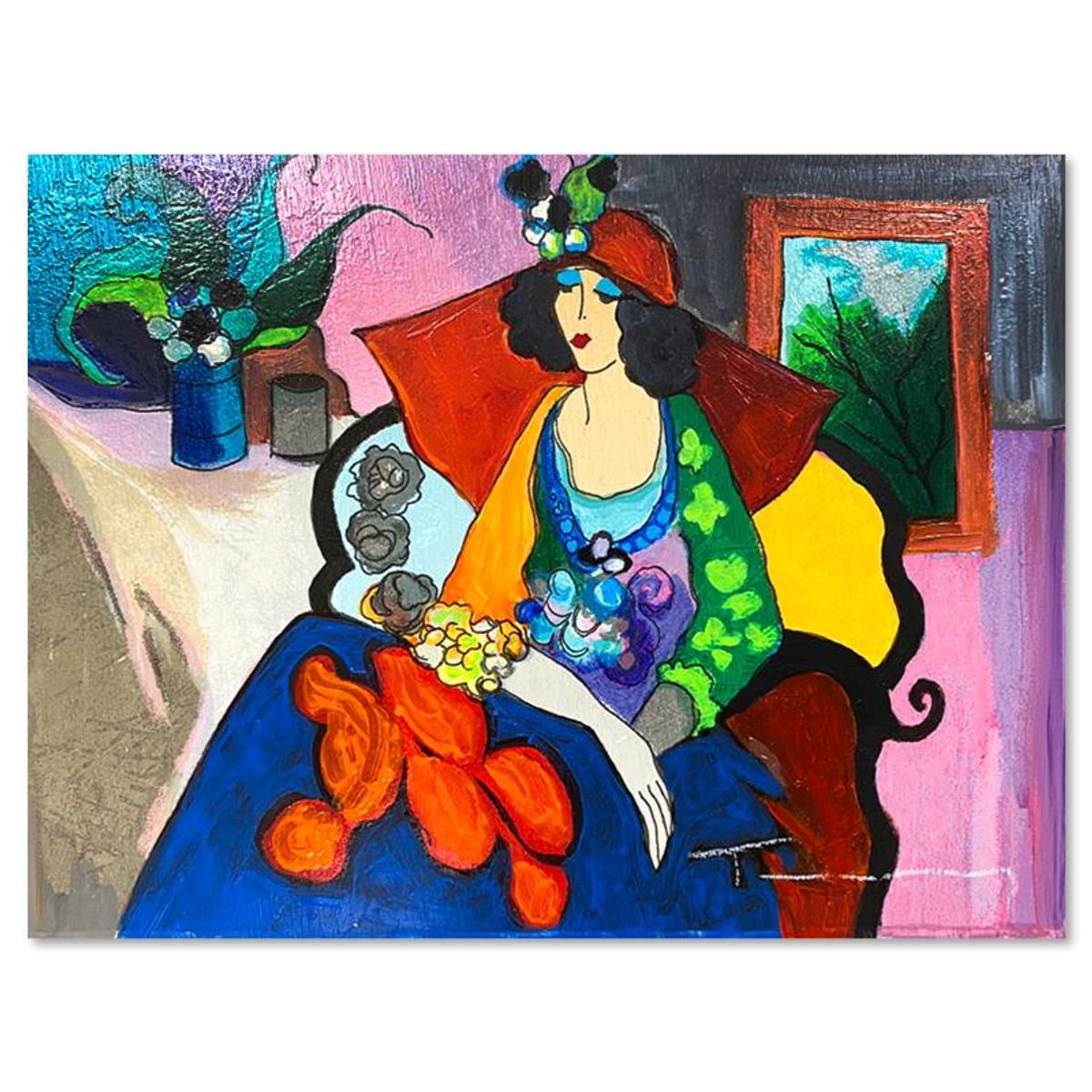 Itzchak Tarkay (1935-2012), "Red Hat" One-of-a-Kind Mixed Media Over Paint on Wood, Hand Signed with Letter of Authenticity