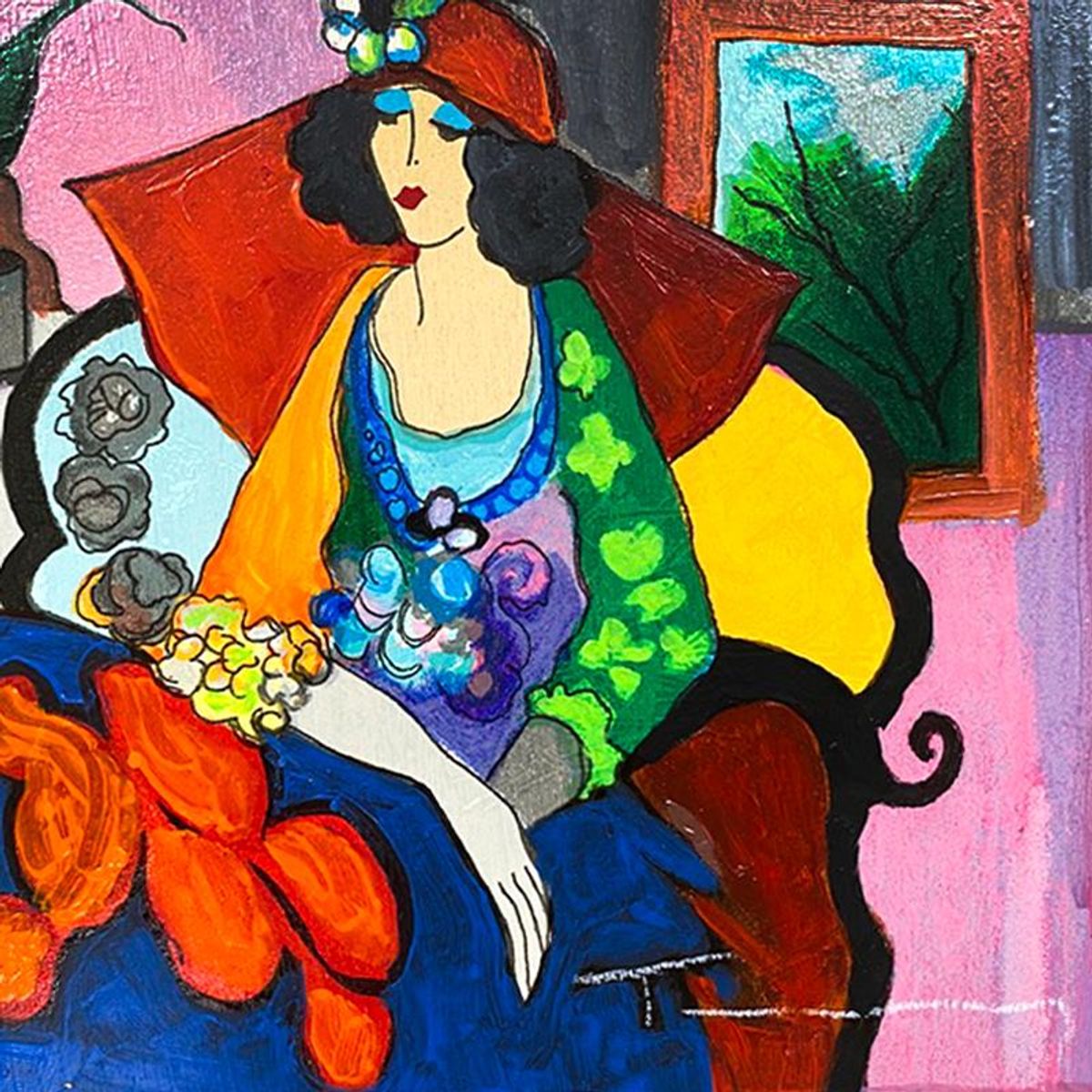 Itzchak Tarkay (1935-2012), "Red Hat" One-of-a-Kind Mixed Media Over Paint on Wood, Hand Signed with Letter of Authenticity