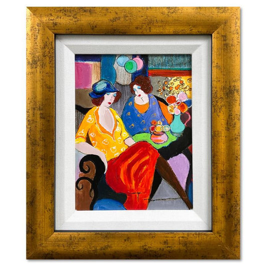 Itzchak Tarkay (1935-2012), "Chit Chat" Framed One-of-a-Kind Mixed Media Over Paint on Wood, Hand Signed with Letter of Authenticity
