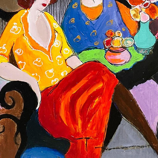 Itzchak Tarkay (1935-2012), "Chit Chat" Framed One-of-a-Kind Mixed Media Over Paint on Wood, Hand Signed with Letter of Authenticity